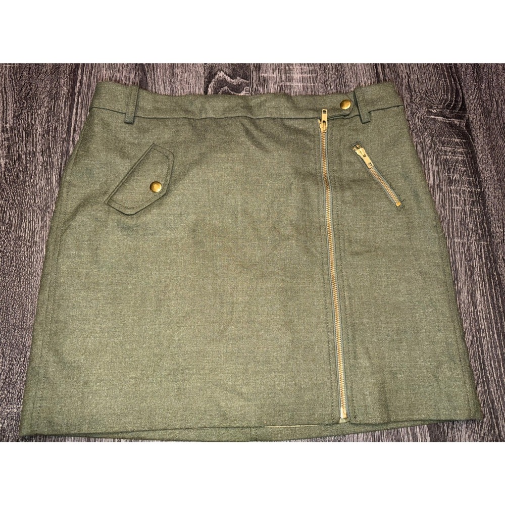 J Crew Olive Green‎ Wool Blend Mini Skirt Gold Zip Pocket Size 8
